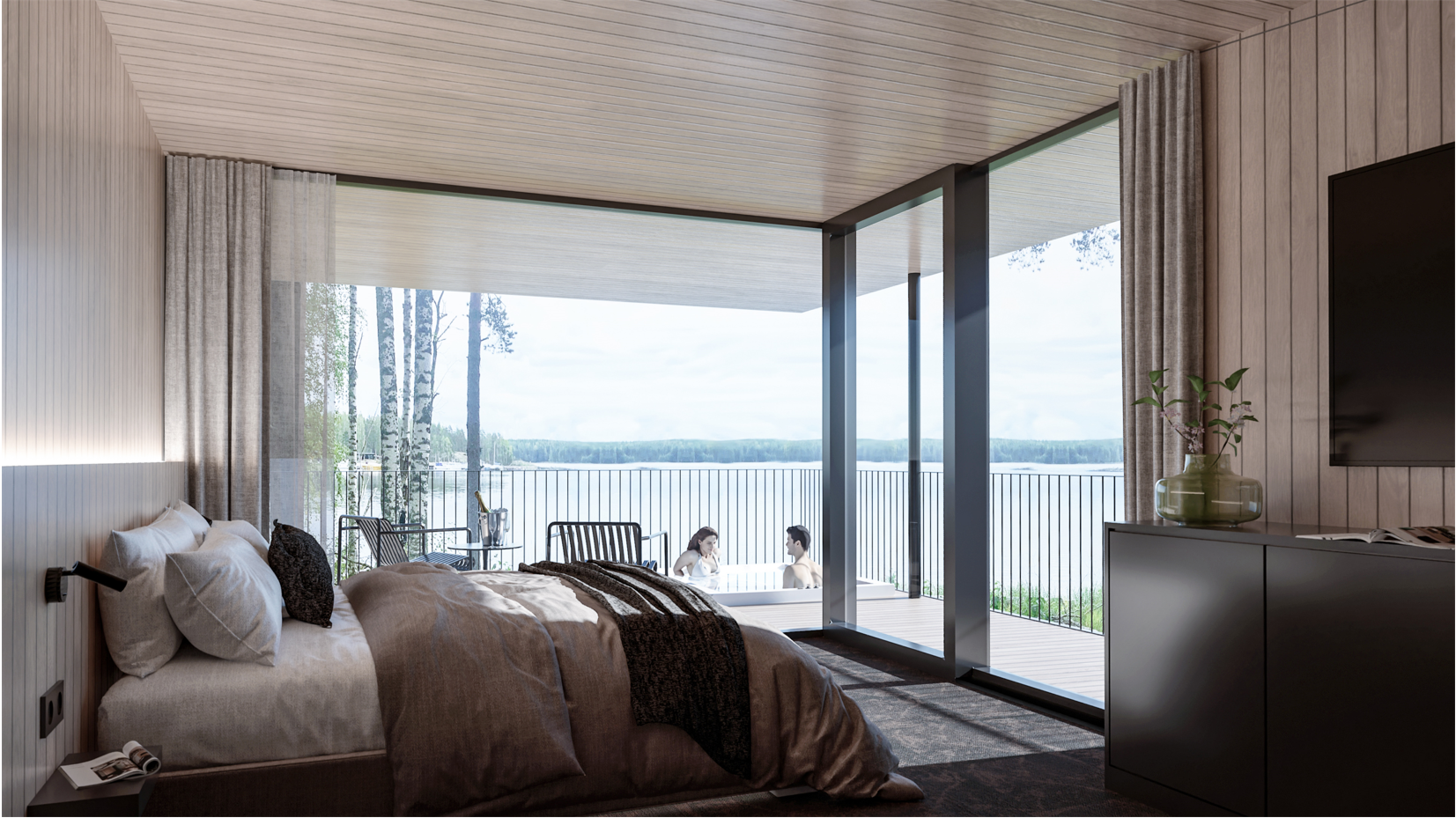 A room of a villa with a king-size bed and large windows to a deck where a woman and a man are bathing in a tub. 